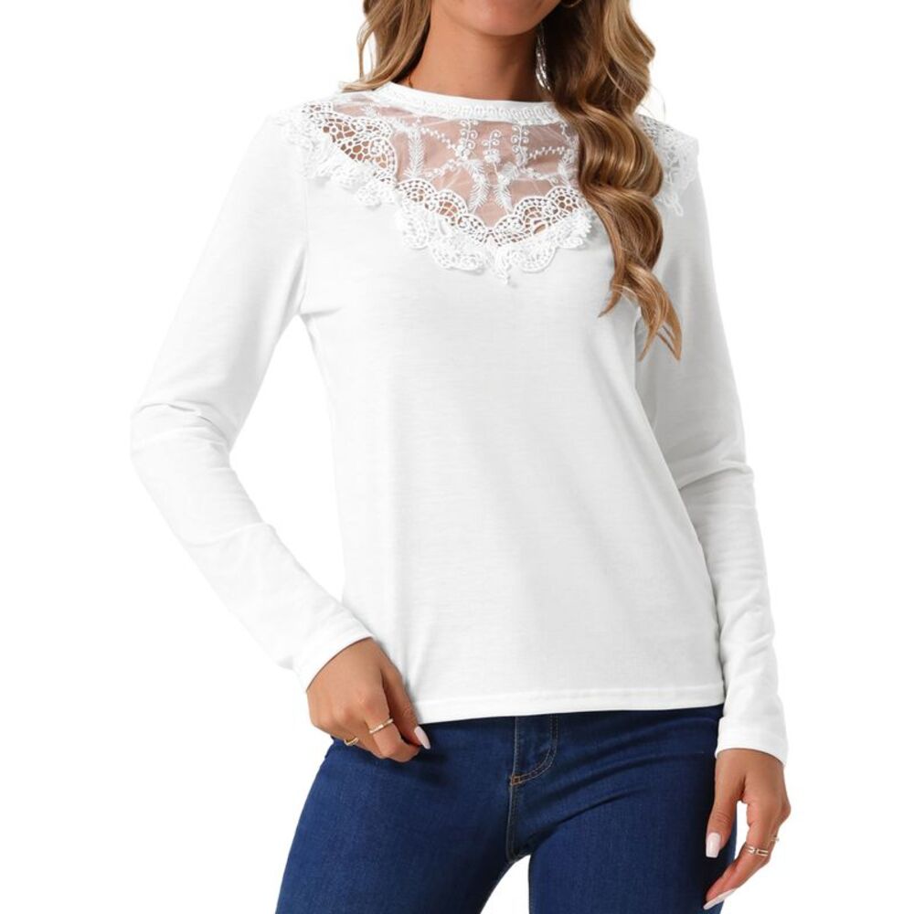 Casual Lace Round Neck Long Sleeve Blouse Solid T-shirt White
